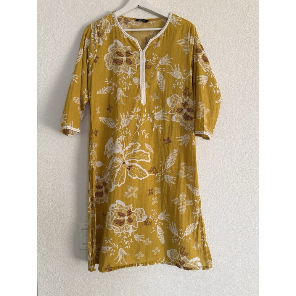 Zudio 100% Cotton Mustard Sz L Yellow Floral Print Tunic Dress Kurta Boho Comfy